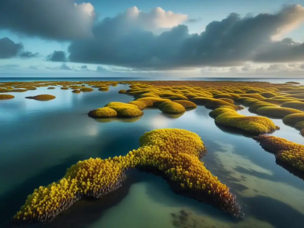 Un mar de los Sargazos literatura mística: un vasto y misterioso mar de sargazo dorado bajo un cielo nublado