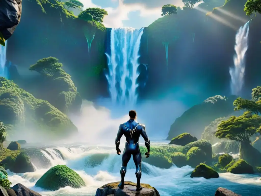 Una maravillosa escena de la majestuosa cascada en 'Black Panther', con colores vibrantes y la estatua del Pantera, rodeada de exuberante vegetación