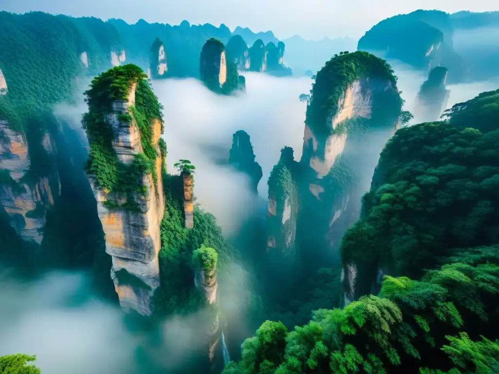 Maravillosa imagen de Zhangjiajie en China, con pilares de cuarzo entre exuberante vegetación