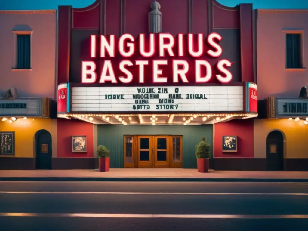 Un maravilloso teatro vintage iluminado de noche con el título 'Inglourious Basterds'