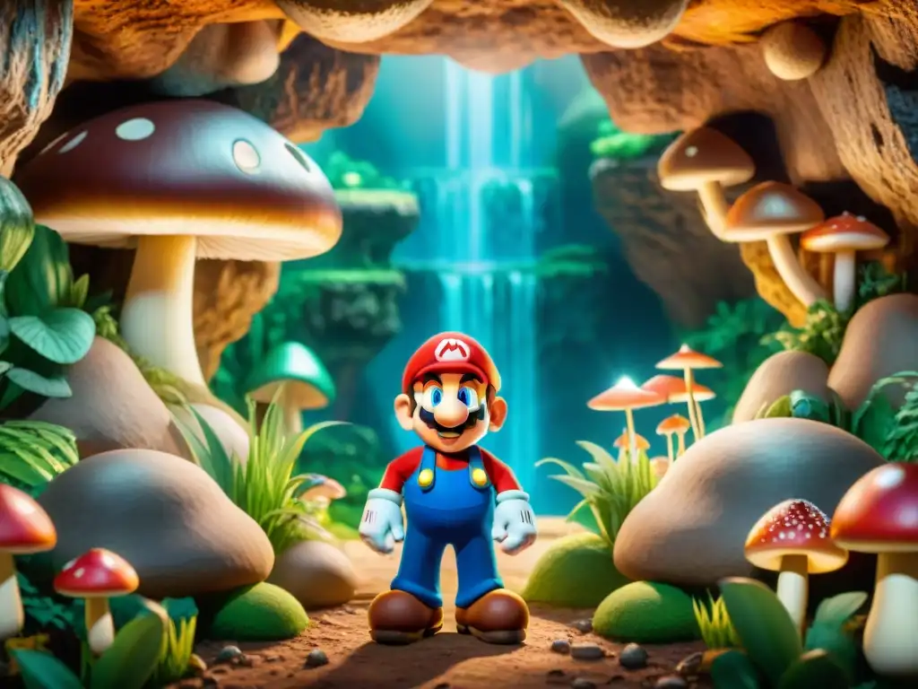 Mario en la entrada de una misteriosa cueva iluminada por cristales y hongos coloridos