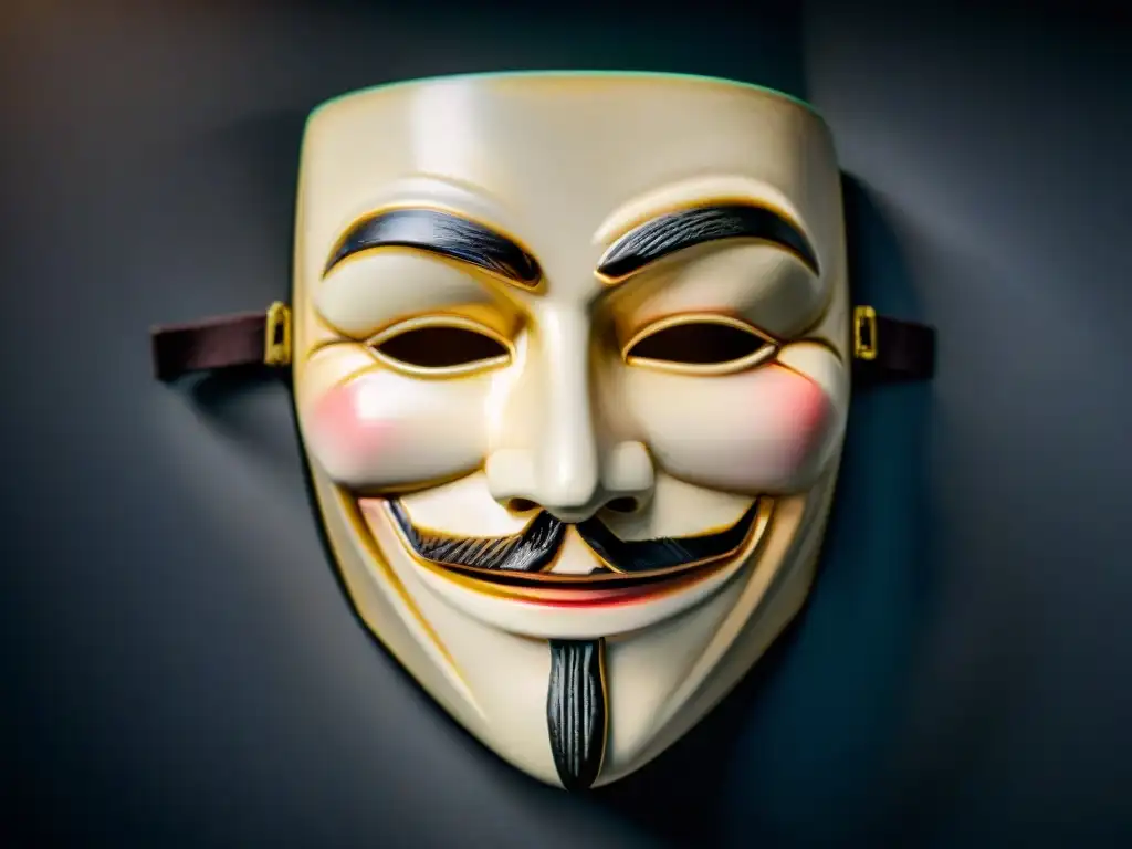 La máscara de Guy Fawkes en V for Vendetta, iluminada dramáticamente, refleja el espíritu de rebelión en V