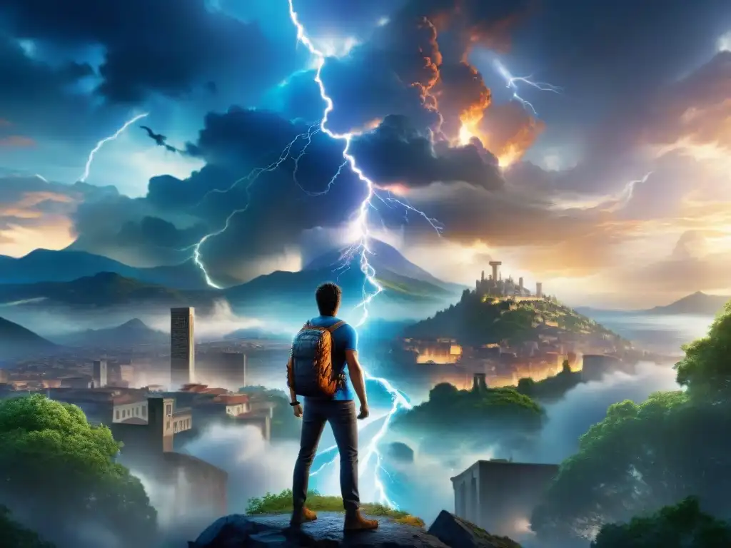 Percy Jackson en medio de la fusión de la mitología griega y la vida urbana moderna, con tridente y rayo, bajo un cielo tormentoso