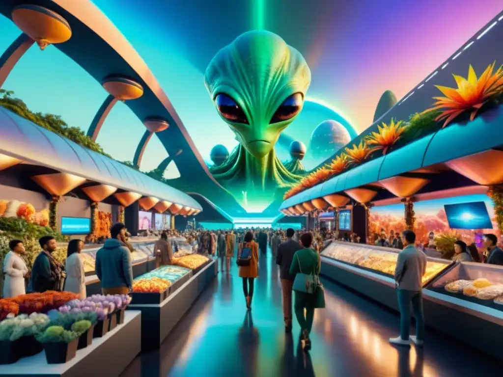 Un mercado alienígena del futuro con mercancías personalizadas y hologramas, rodeado de arquitectura extraterrestre y flora colorida