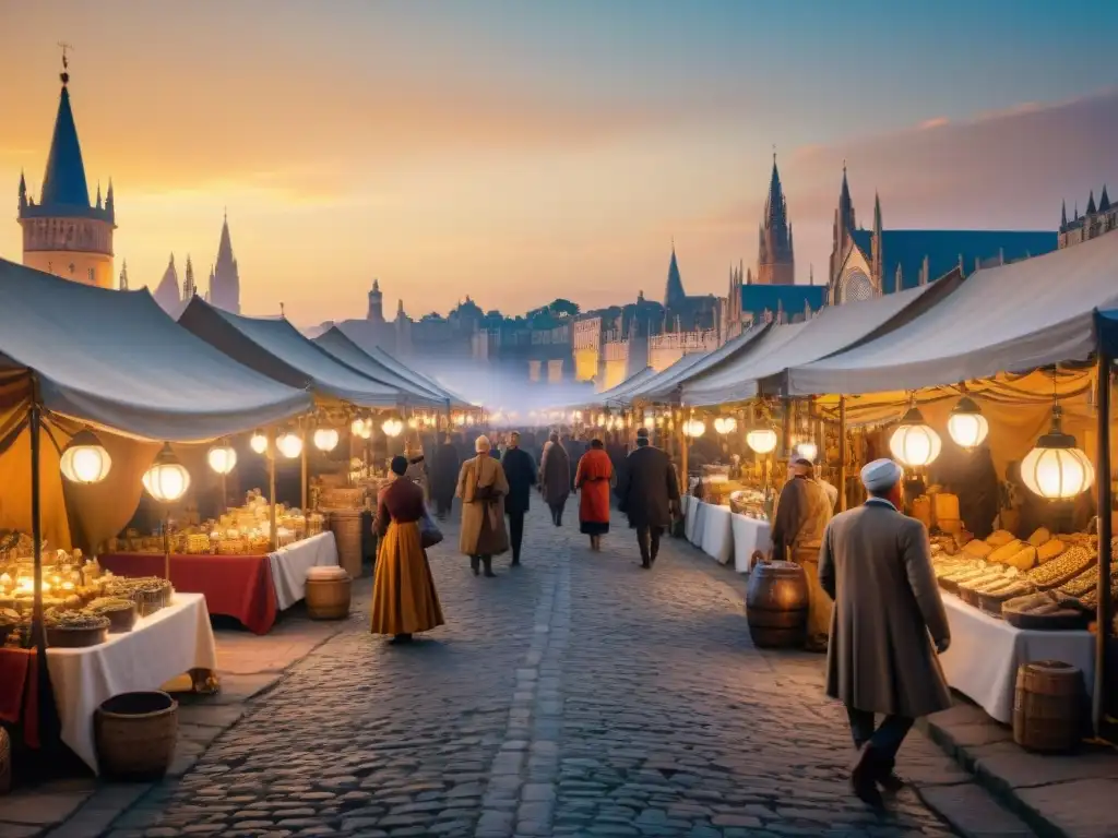 Un mercado antiguo y majestuoso en un mundo fantástico, lleno de criaturas comerciando bajo la luz de un atardecer mágico