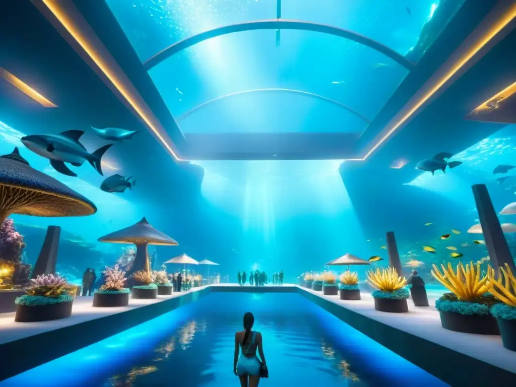 Un mercado bullicioso en la ciudad submarina de Atlantis, con seres marinos y plantas bioluminiscentes, mostrando la riqueza Atlantis DC Comics