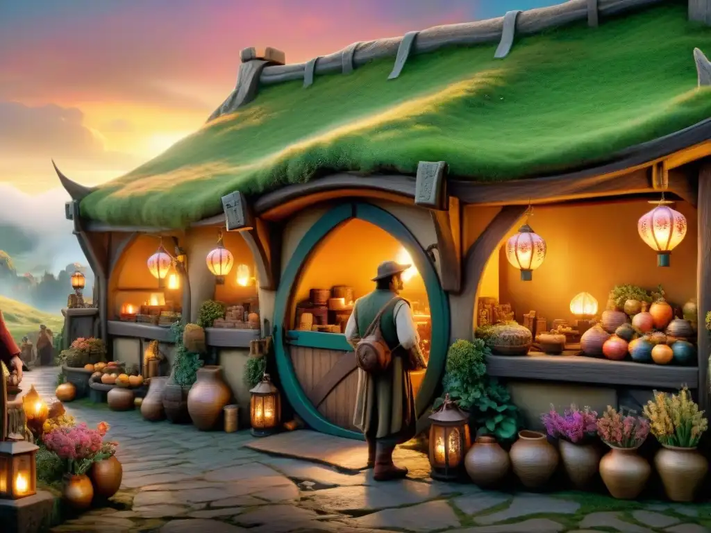 Un mercado bullicioso inspirado en las raíces culturales de El Hobbit, con hobbits intercambiando bienes y disfrutando de la comunidad