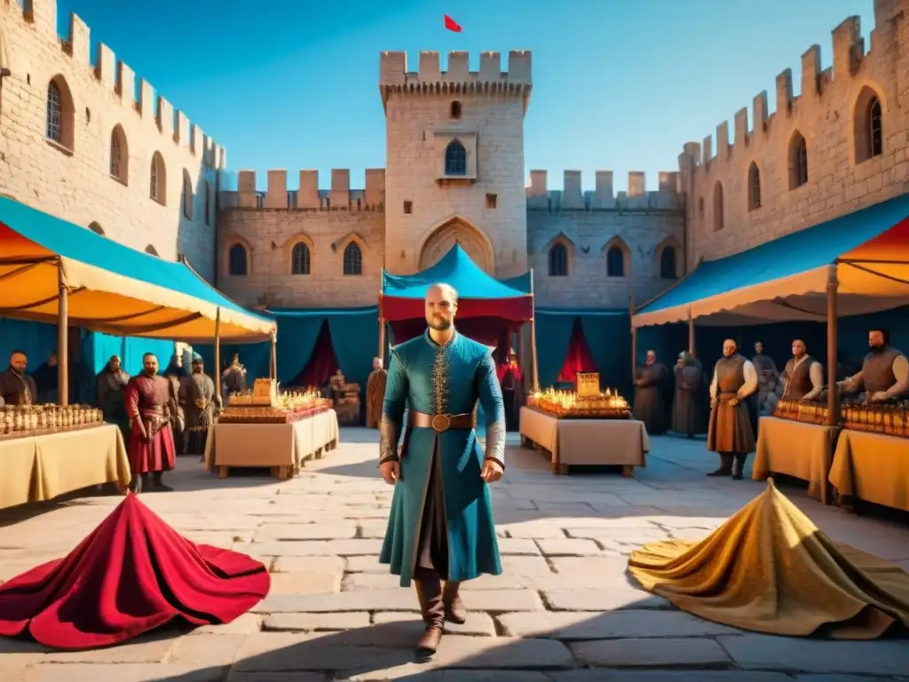 Mercado bullicioso de King's Landing con comerciantes y diplomáticos bajo el cielo azul