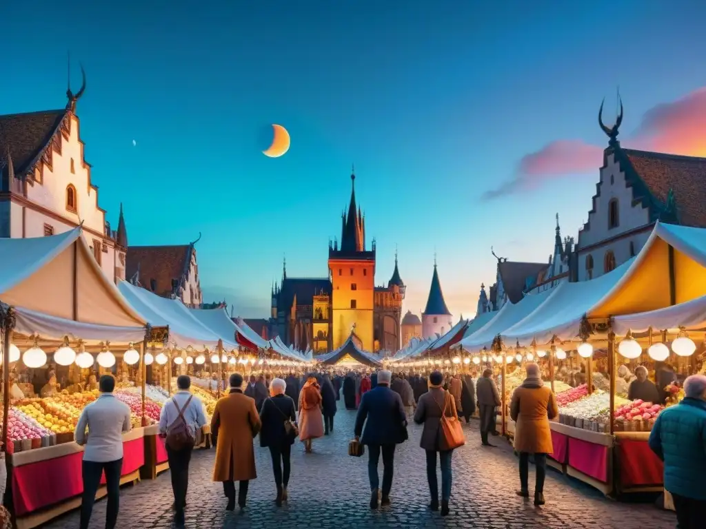 Mercado bullicioso en mundo fantástico con mercancía única iluminada por luz mágica