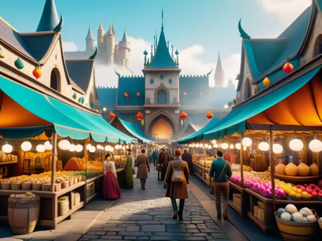 Un mercado bullicioso en un mundo ficticio, con mercancía única y personalizada