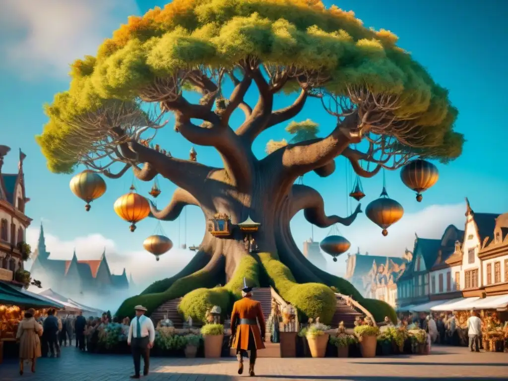 En un mercado bullicioso, seres fantásticos intercambian con humanos en atuendos steampunk bajo un majestuoso árbol antiguo con hojas iridiscentes