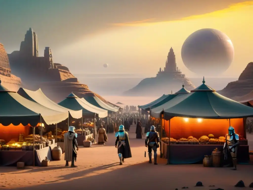 Un mercado bullicioso en Tatooine, con alienígenas, mercancías y los soles gemelos al atardecer