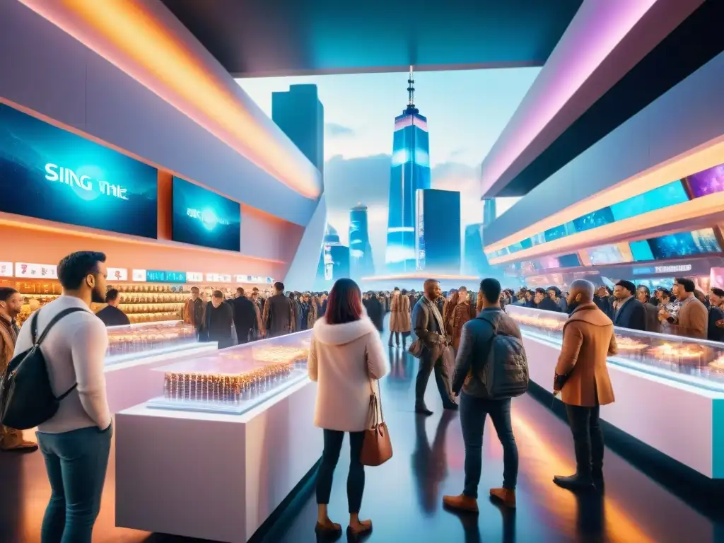 Un mercado futurista bullicioso con hologramas mostrando merchandising personalizado de mundos ficticios