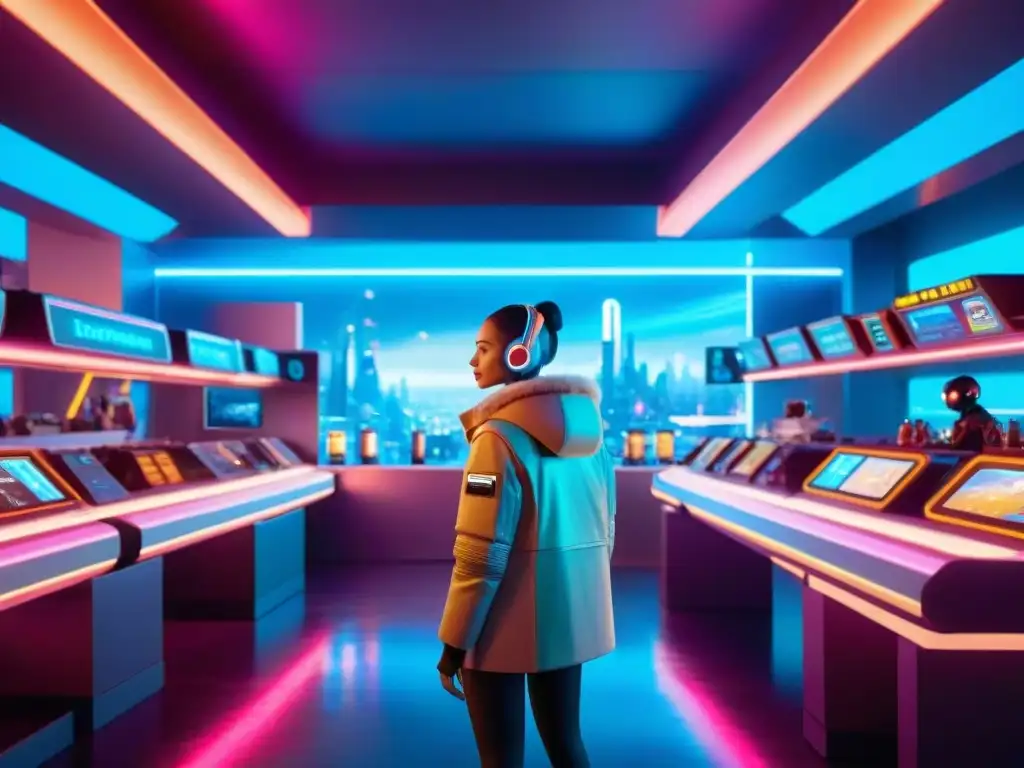 Un mercado futurista bullicioso en un mundo ficticio con mercancía personalizada