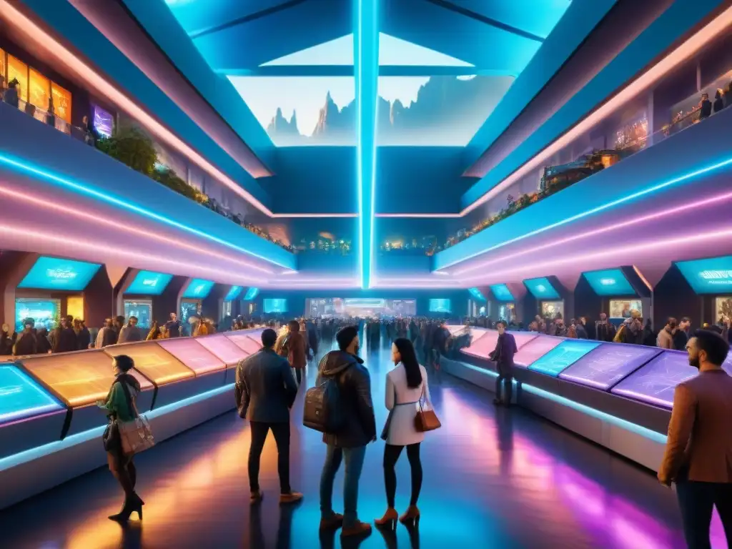 Un mercado futurista en un mundo ficticio, con hologramas y mercancía personalizada