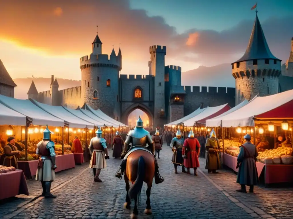 Un mercado medieval bullicioso con mercaderes vendiendo mercancías exóticas, caballeros y campesinos conversando bajo un cielo dramático al atardecer