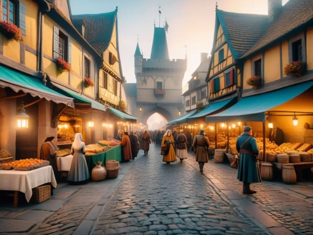 Un mercado medieval bullicioso en un mundo ficticio, lleno de coloridas mercancías y un castillo en la niebla