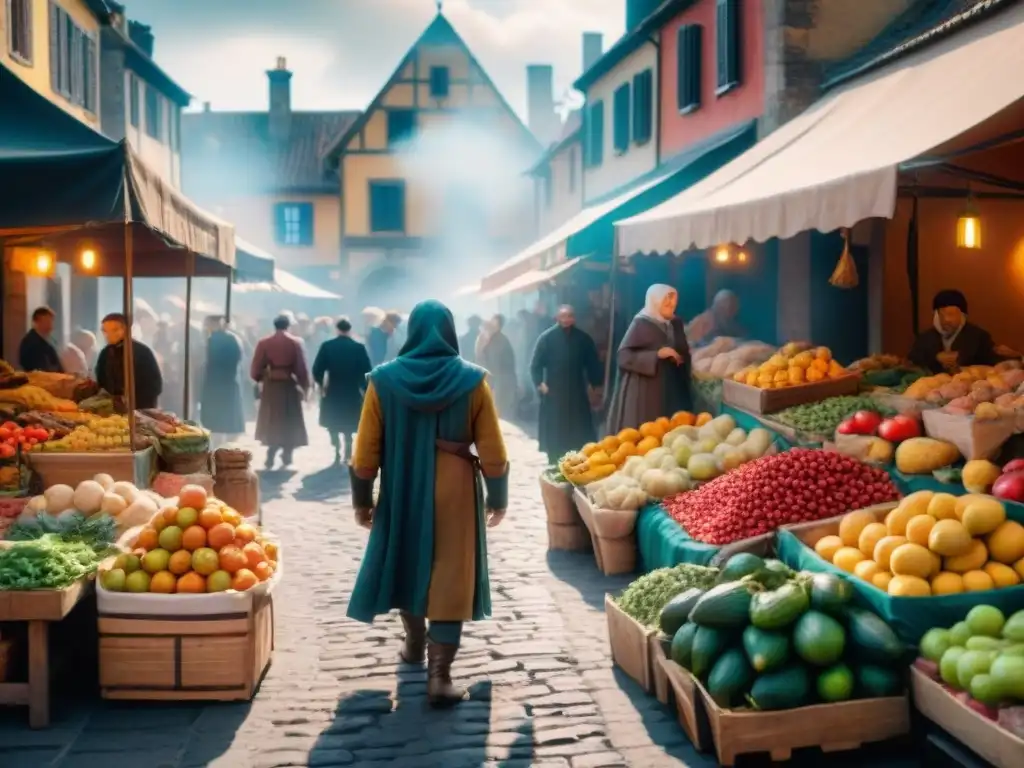 Un mercado medieval bullicioso con vendedores de frutas, verduras y especias, y una figura misteriosa propagando una epidemia