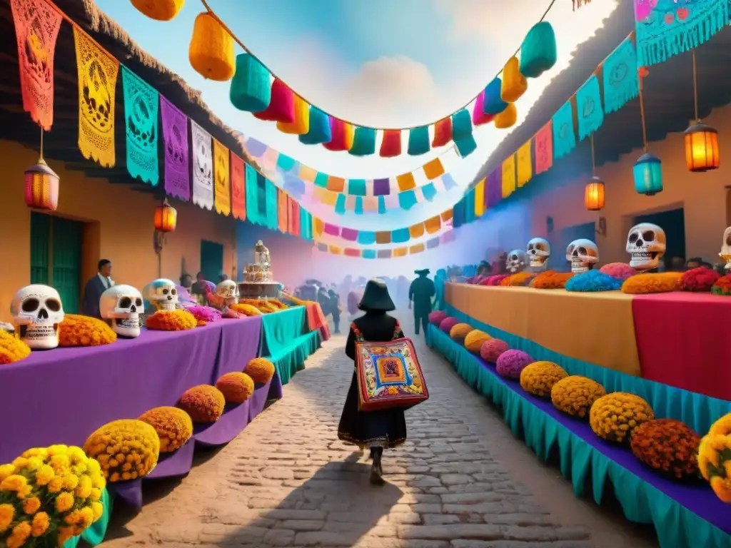 Un mercado mexicano bullicioso, decorado con papel picado y músicos mariachi, evoca la vibrante celebración de Día de los Muertos