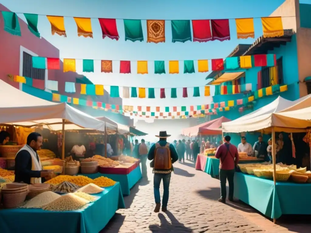 Un mercado mexicano lleno de vida con música de mariachi, comida tradicional y niños rompiendo piñatas