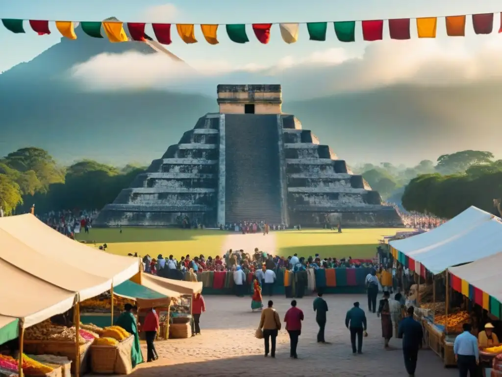 Un mercado mexicano vibrante y bullicioso con papel picado, mariachis, y la pirámide de Chichen Itza al fondo