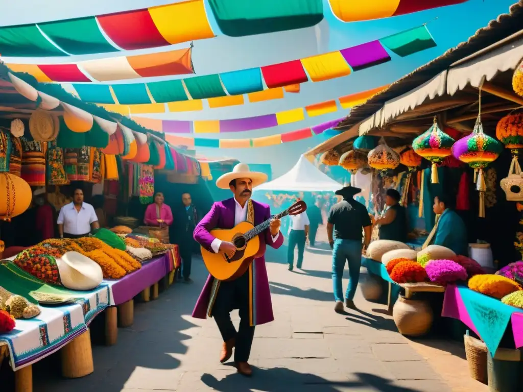 Un mercado mexicano vibrante y bullicioso con puestos llenos de artesanías tradicionales, mariachis y decoraciones de Día de los Muertos