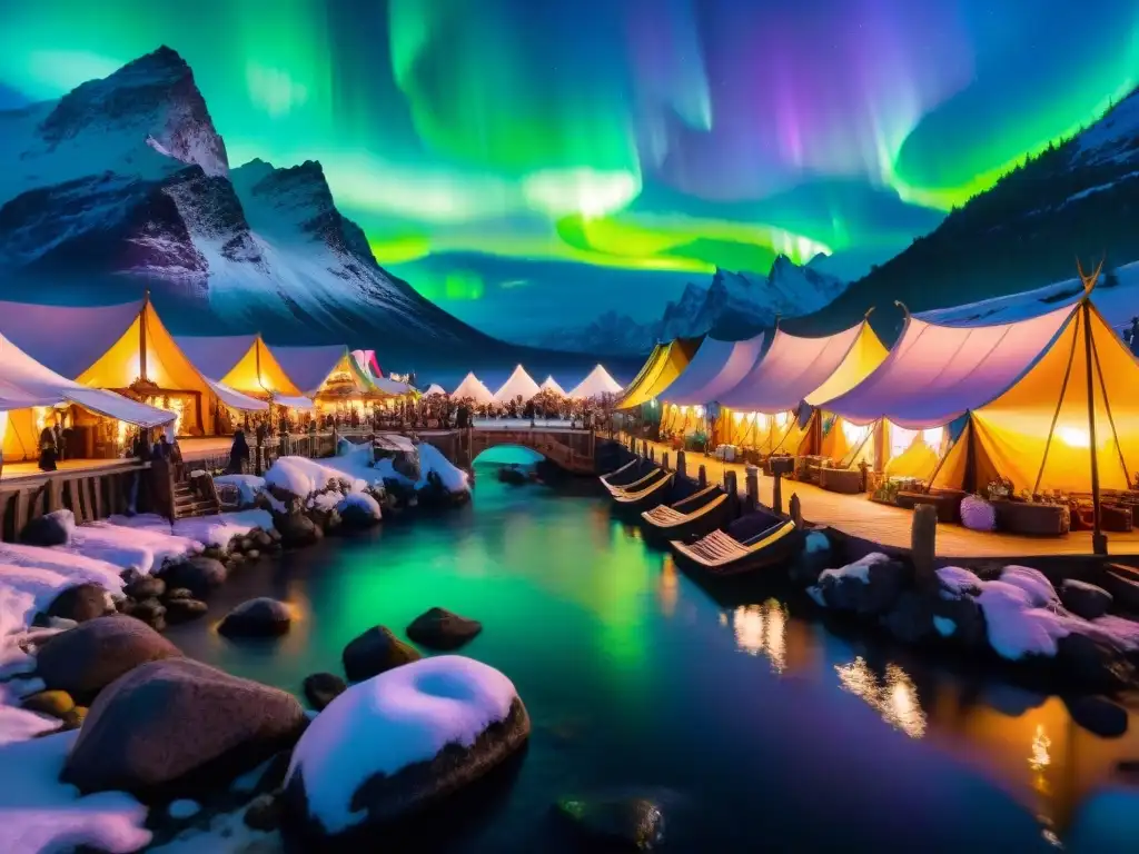 Un mercado de sueños en universos de fantasía, lleno de seres míticos y coloridos puestos bajo una aurora boreal