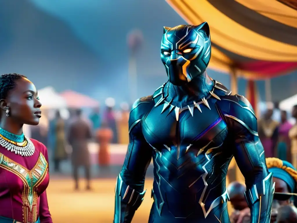 Mercado vibrante de Wakanda con representación cultura africana en Hollywood