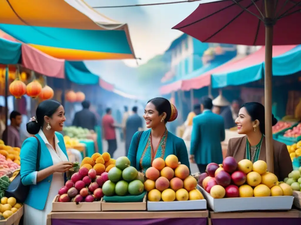 Un mercado vibrante y bullicioso en una sociedad ficticia, donde se habla un pidgin y creole en un ambiente multicultural