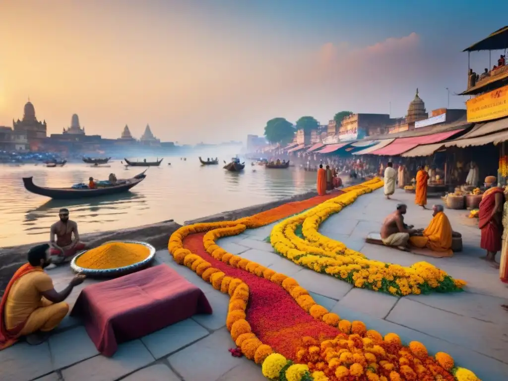 Mercado vibrante en Varanasi: espiritualidad y colorido Un mercado vibrante en Varanasi, India, con colores y cultura de la Mitología Hindú en Espiritualidad Occidental