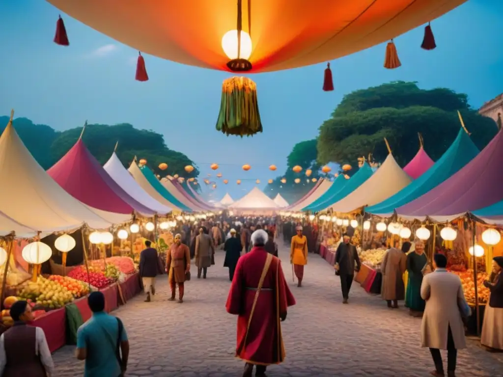 Un mercado vibrante de culturas ficticias, lleno de coloridos puestos y personajes en elaborados trajes, en festivales y celebraciones