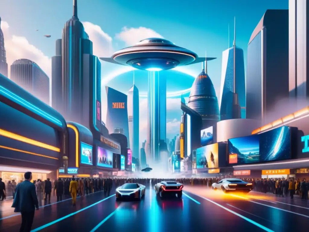 Una metrópolis futurista bulliciosa, con hologramas, coches voladores y luces de neón, muestra una economía en mundos de ciencia ficción