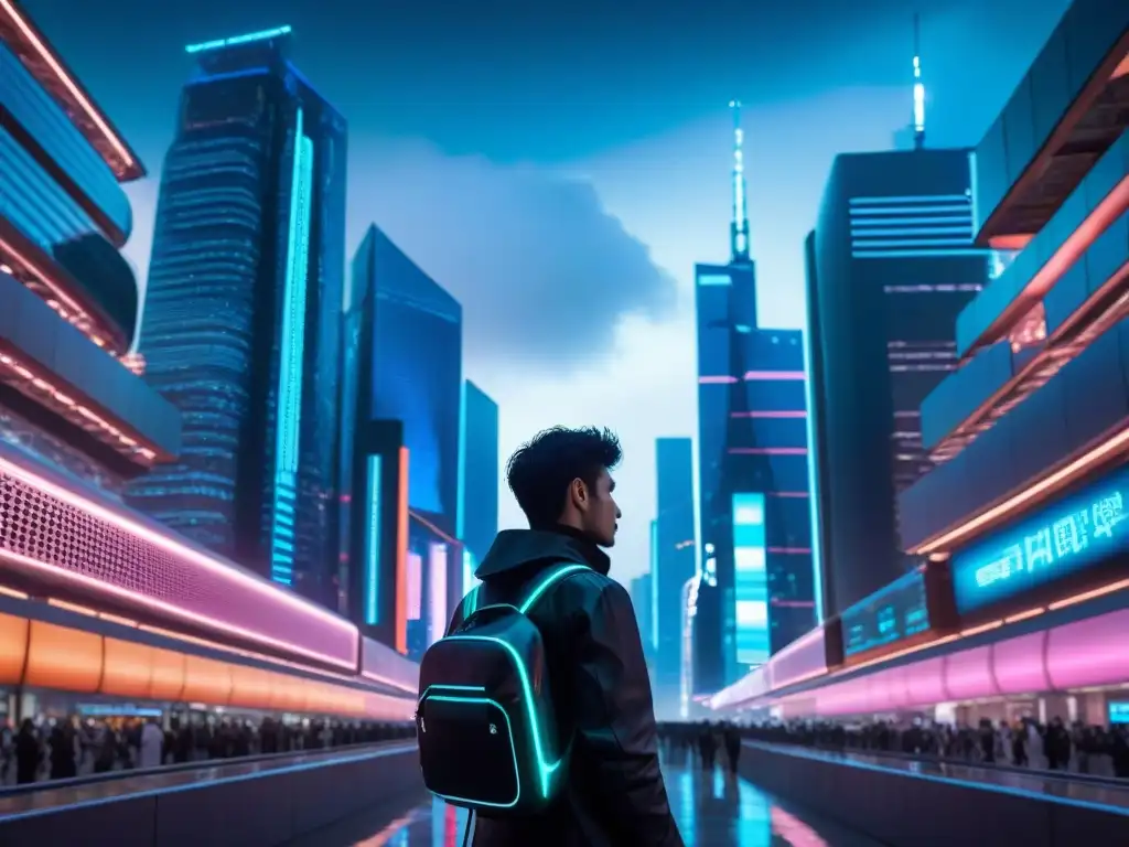 Una metrópolis futurista de noche, con luces neón y tecnología avanzada