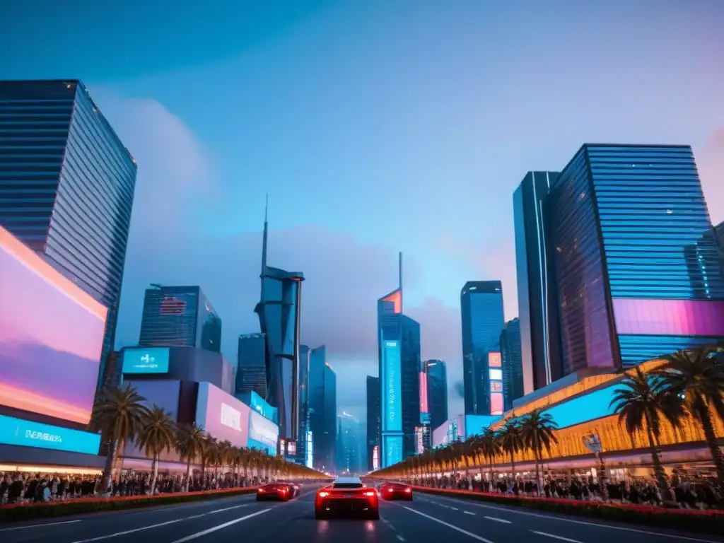 Una metrópolis futurista al anochecer, con rascacielos imponentes y luces de neón reflejadas en fachadas de vidrio