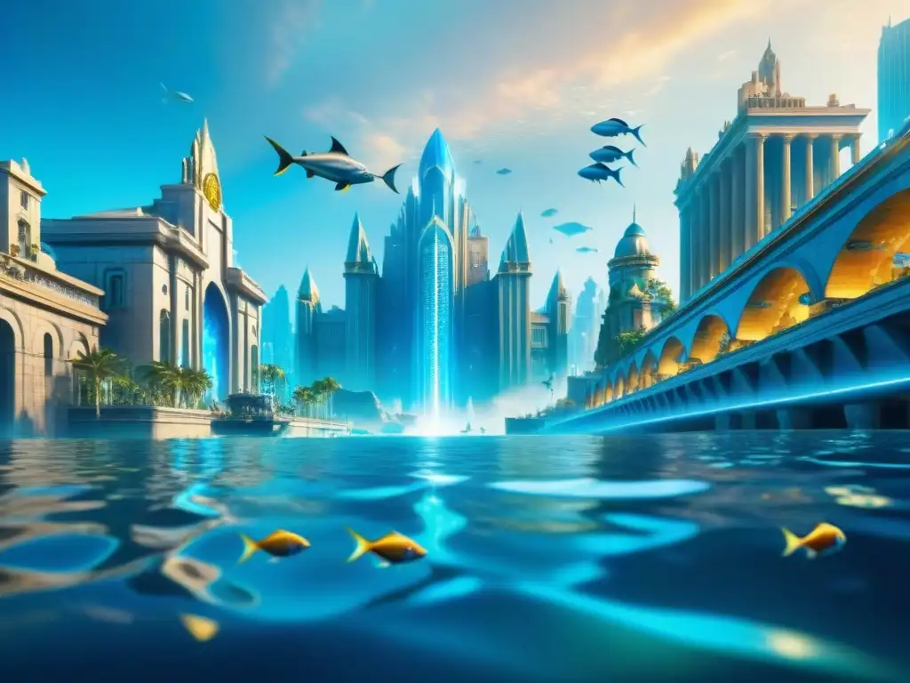 Una metrópolis submarina de Atlantis en DC Comics, con torres doradas y estructuras de cristal, muestra la riqueza y tecnología avanzada de Atlantis