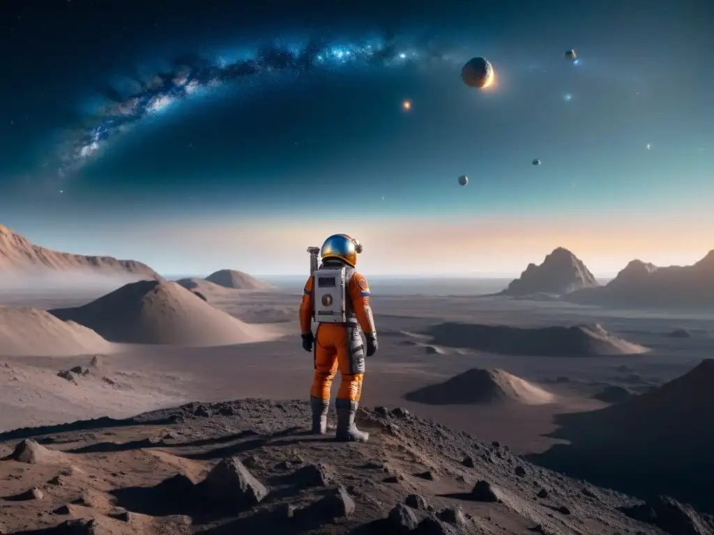 Operación minera futurista en asteroide con tecnología avanzada y ética, bajo la luz de una nebulosa