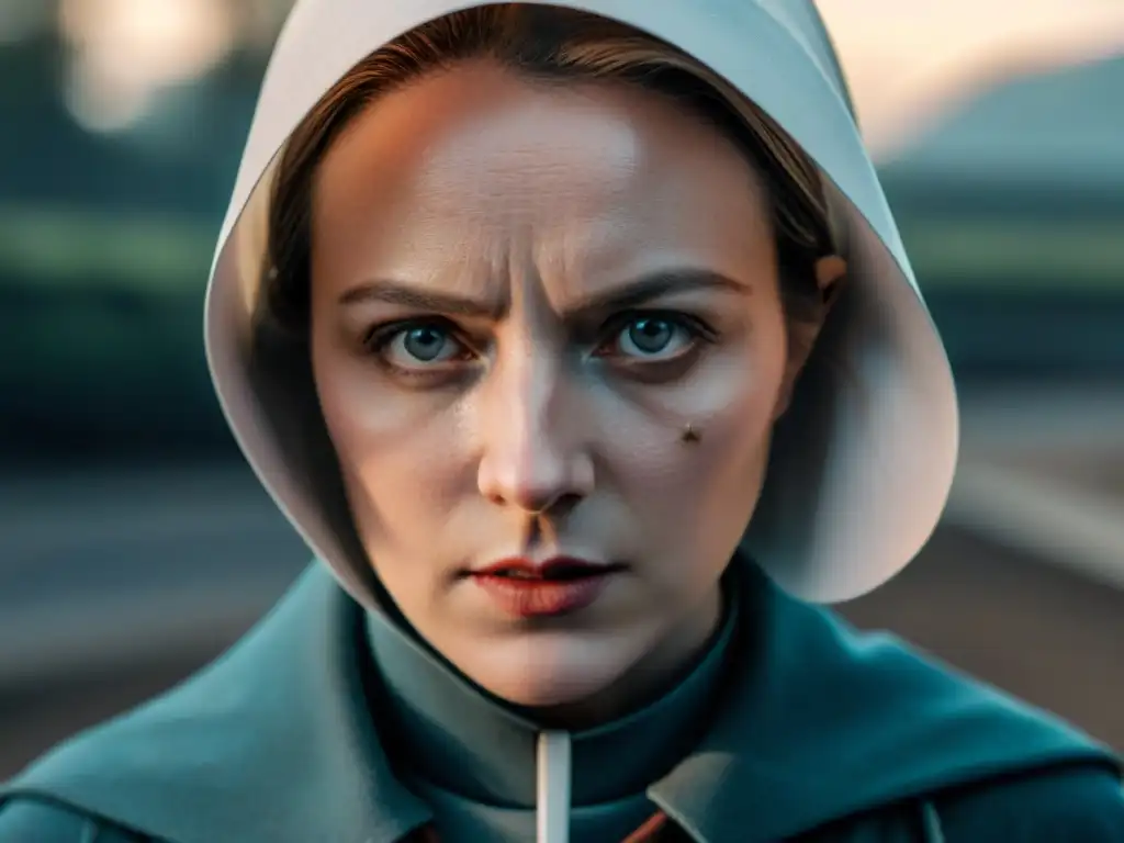 Una mirada desafiante emerge de debajo del tocado blanco en 'The Handmaid's Tale', simbolizando la resistencia en Gilead