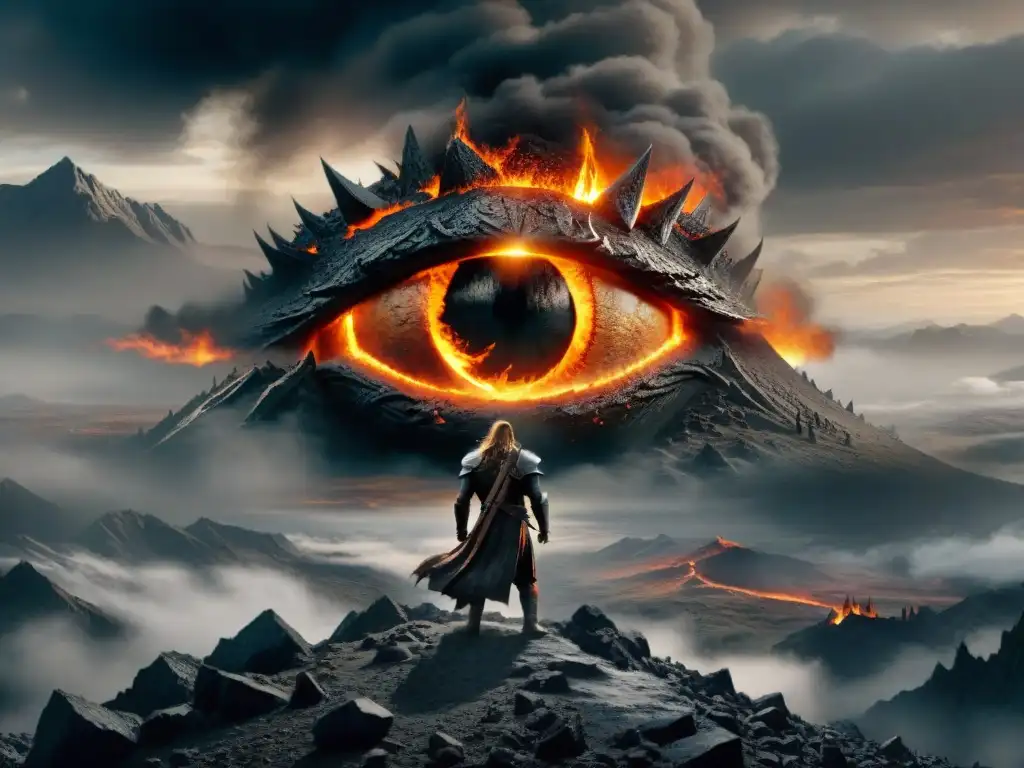 La mirada incandescente del ojo de Sauron desde Baraddûr, iluminando la oscura tierra de Mordor