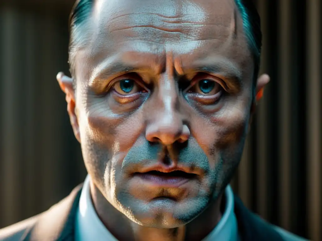 Mirada penetrante de Hannibal Lecter: psicópata enigmático La mirada intensa y calculadora de Hannibal Lecter, en blanco y negro, captura la esencia psicopática en Hannibal análisis