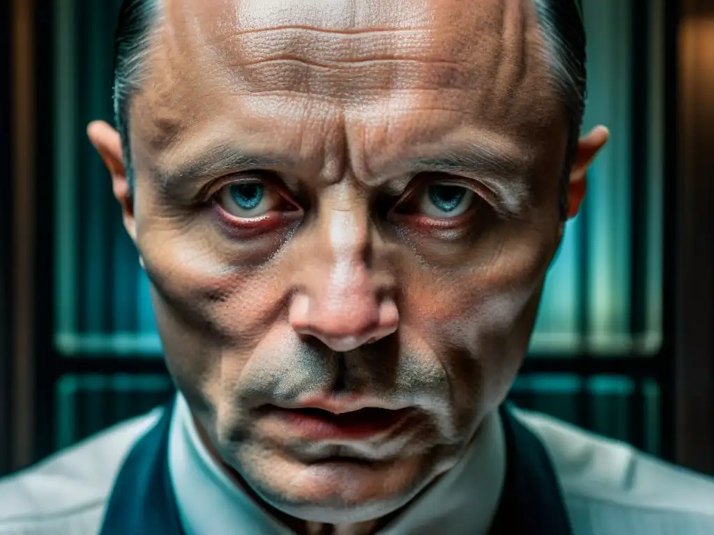 La mirada profunda de Hannibal Lecter en un intenso primer plano, iluminado dramáticamente