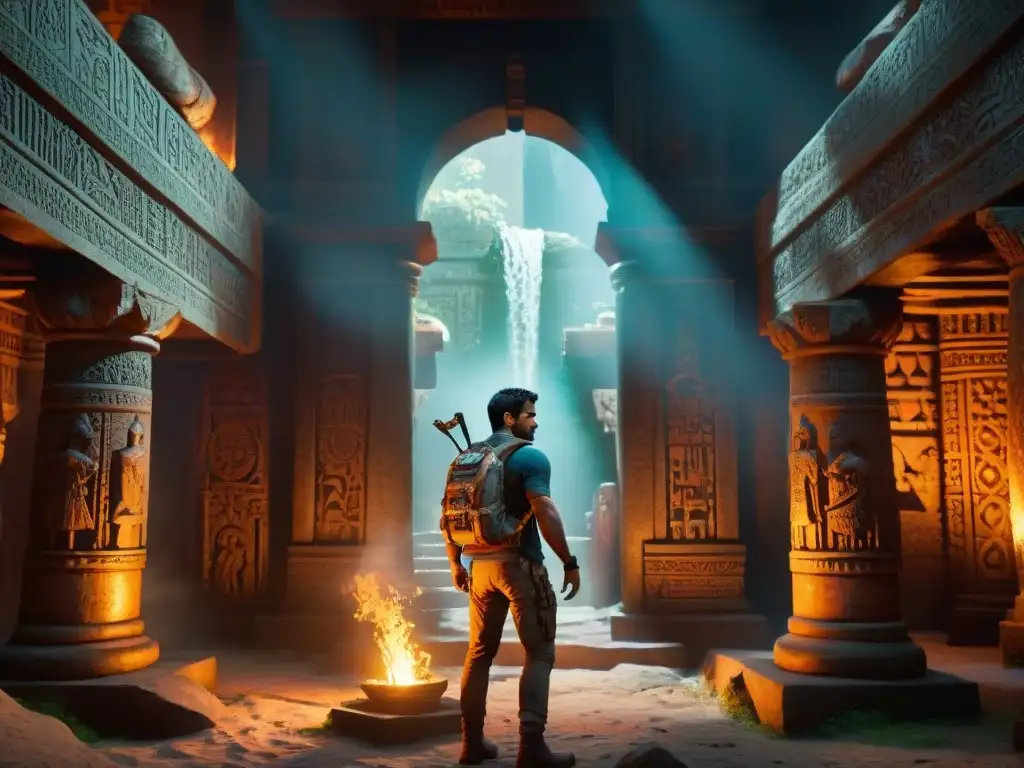 Nathan Drake explorando misterios arqueológicos en mundos ficticios, en un templo antiguo iluminado por antorchas