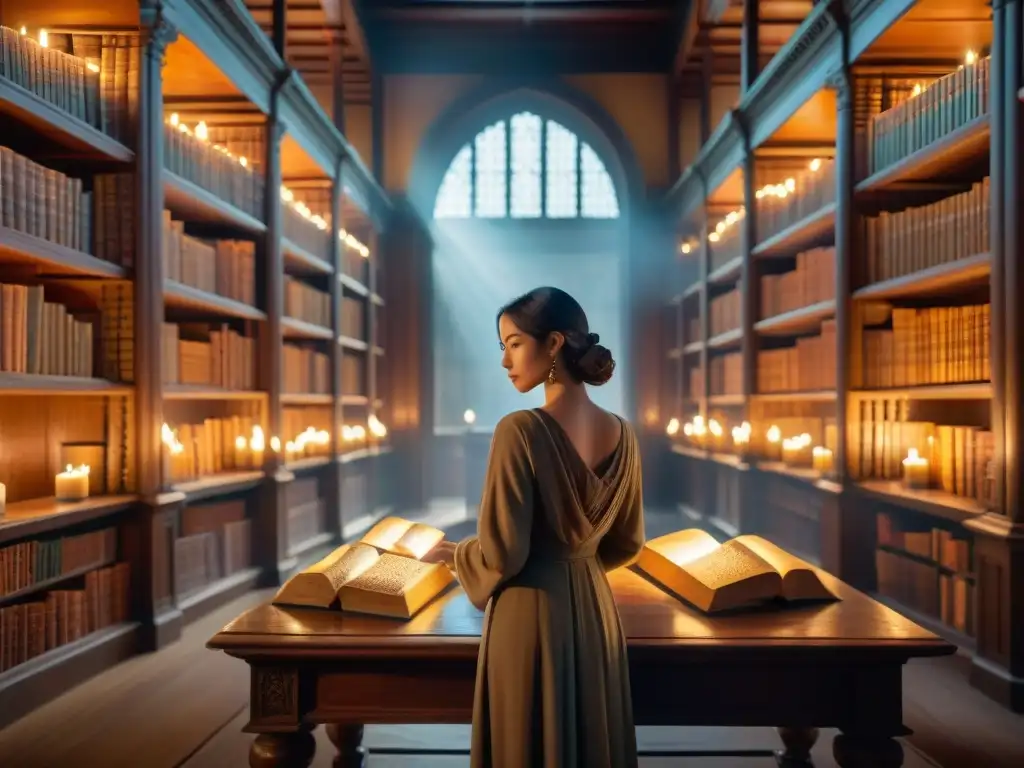 En la misteriosa biblioteca antigua, un hechicero conjura poderes sobrenaturales