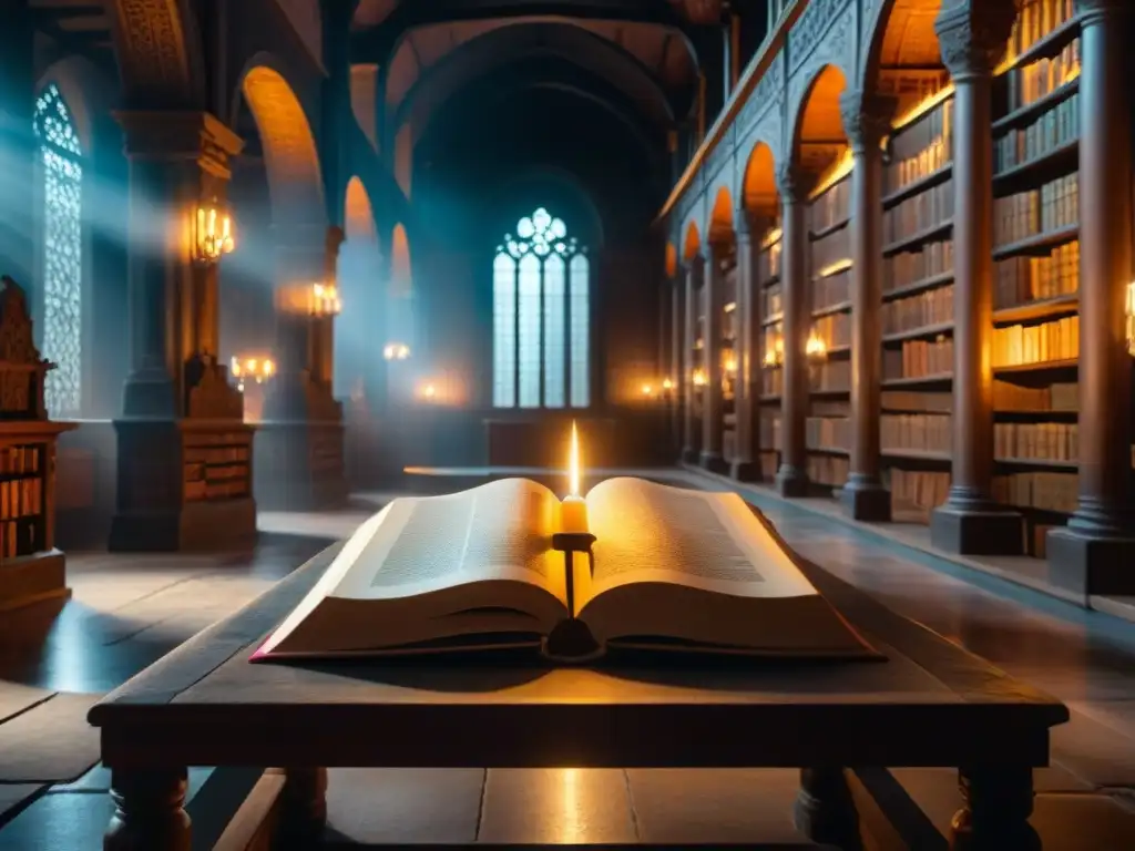 En la misteriosa biblioteca antigua, un personaje estudia un libro junto a una mesa de madera, rodeado de pergaminos