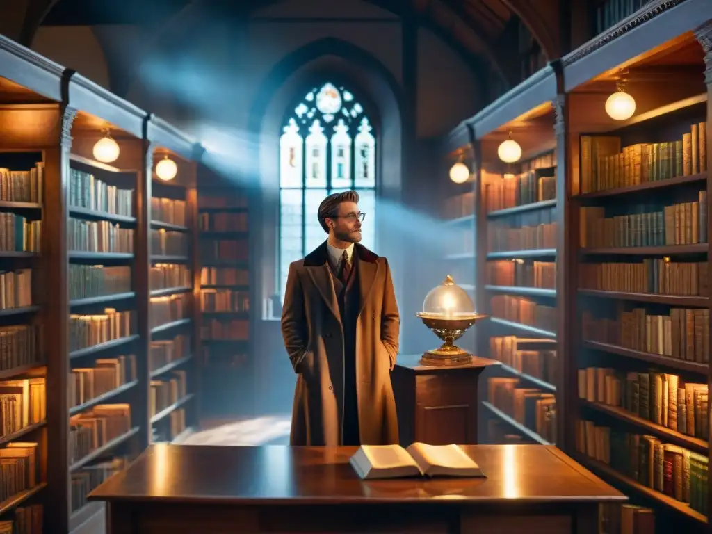 Misterioso bibliotecario en biblioteca antigua Misteriosa biblioteca iluminada con antiguos libros y símbolos, evocando el análisis impacto Código Da Vinci