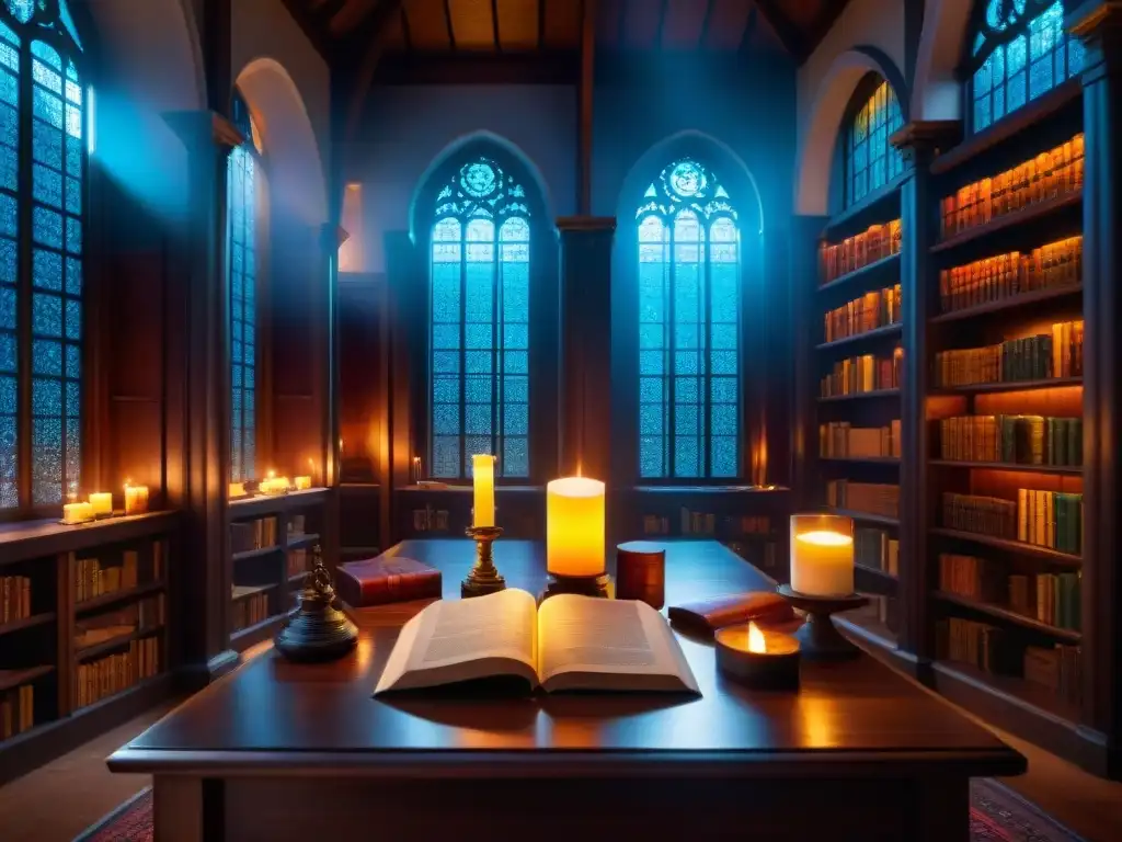 Explora la misteriosa biblioteca iluminada por velas, con textos y artefactos antiguos