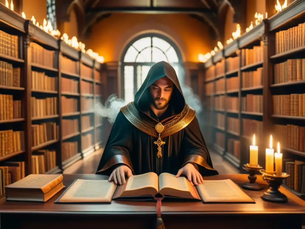 La biblioteca mágica: secretos ancestrales entre tomos y pergaminos Misteriosa biblioteca llena de antiguos tomos y pergaminos, iluminada por antorchas