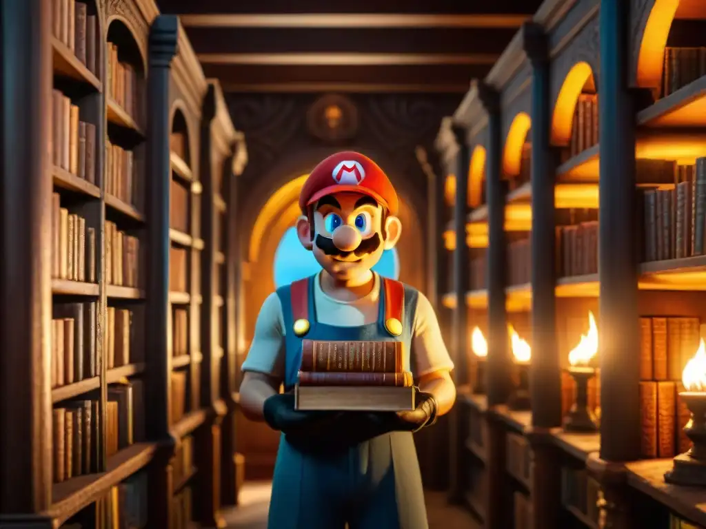 Mario explora la misteriosa biblioteca del Reino Champiñón, rodeado de secretos y antiguos pergaminos en penumbra