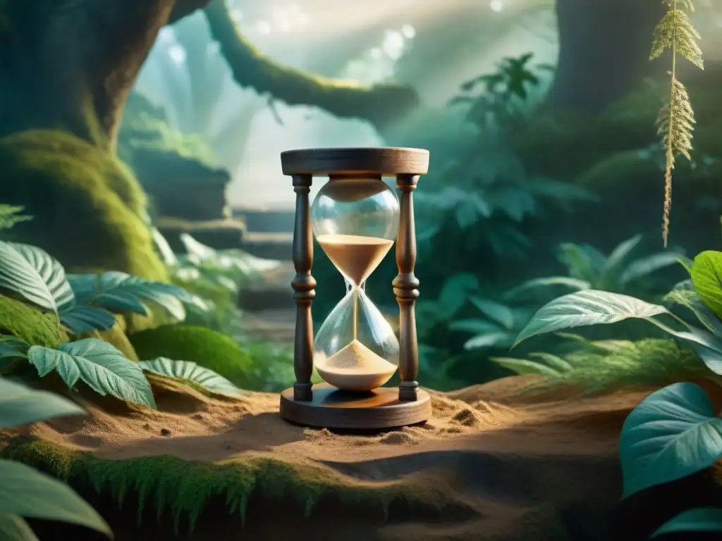 Reliquia ancestral: misteriosa hora en bosque encantado Una misteriosa cronología en mundos imaginarios: un antiguo reloj de arena en un bosque místico, iluminado por una luz etérea