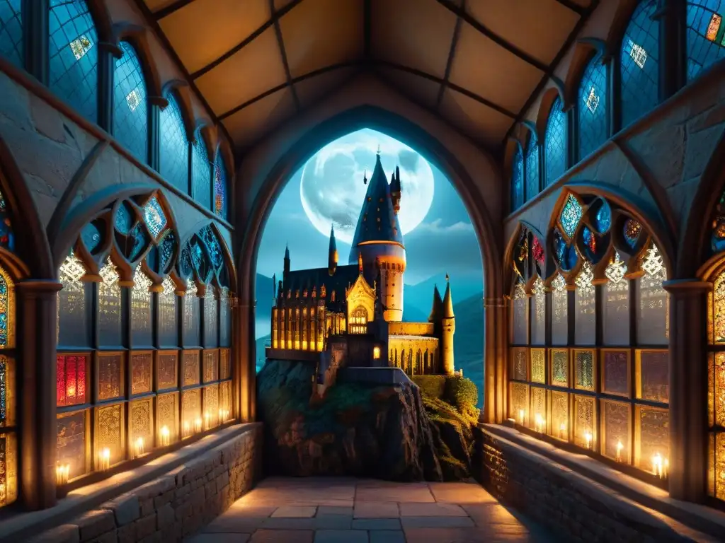 Misteriosa y encantadora vista nocturna del castillo de Hogwarts iluminado, con vitrales de símbolos religiosos