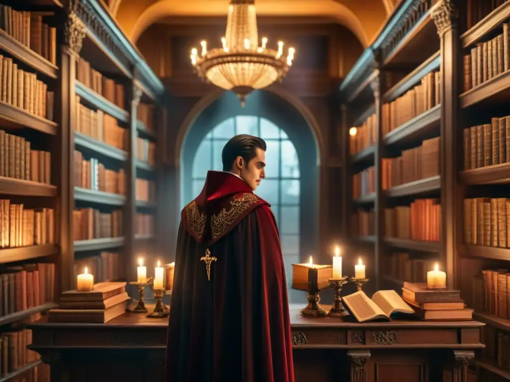 Un misterioso y atmosférico escenario de biblioteca antigua iluminada por velas, con un vampiro leyendo 'La Historia Secreta de los Vampiros'